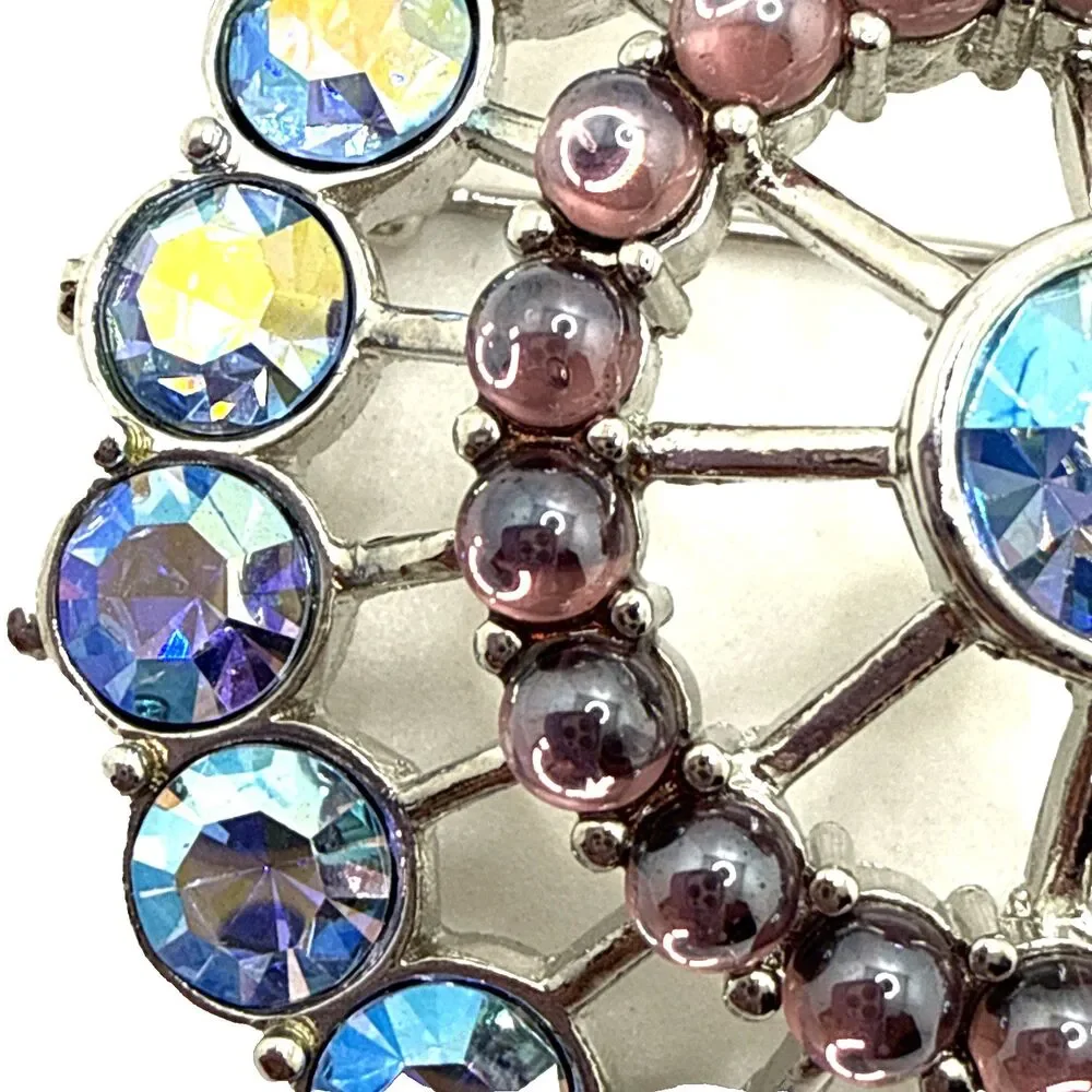 Vintage Blue Aurora Borealis Rhinestone Brooch Purple Moonstone Accents 2 1/8